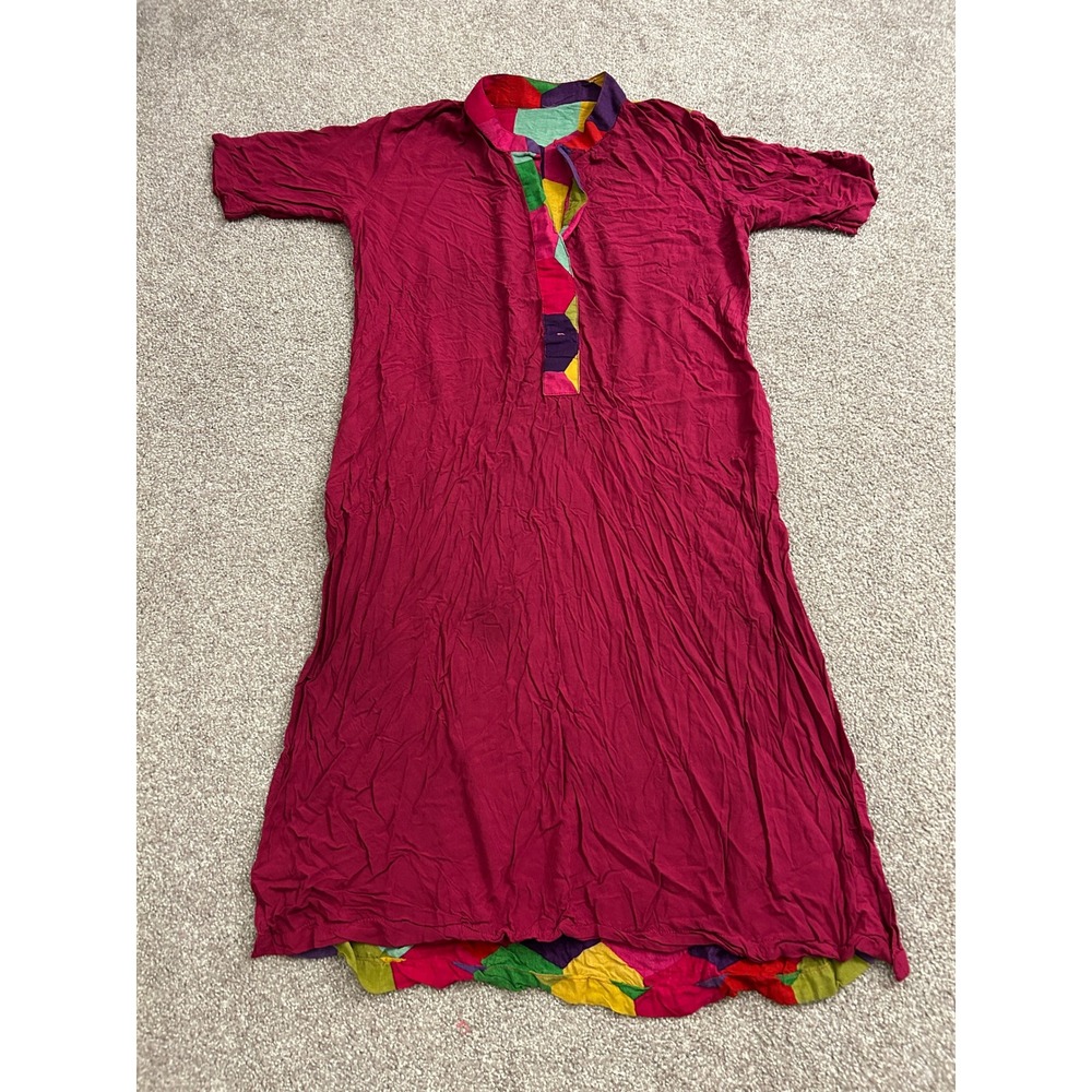 South Asian Kameez Tunic Dress‎ Womens Medium Magenta Excellent Geometric Trim
